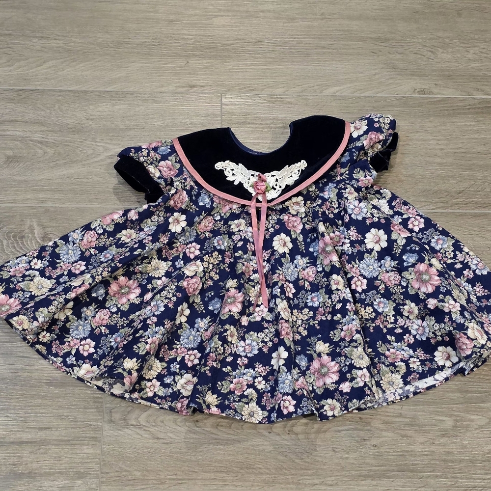 Vintage 80's Flowered Dress Toddler-Little Girl Size 24 Months Blue
